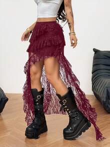 Coolane Women's Spring/Summer Concert Streetwear Vacation Party Boho Y2K Country Concert Lace Asymmetrical Ruffle Fringe Red Low Rise Long Skirt, Valentine's Day - Burgundy - View 3