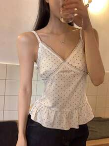 DAZY Women's Polka Dot Camisole, Korean Style Casual Summer Ruffled Hem Girly Fresh Versatile Tank Top Vacation - White - View 4