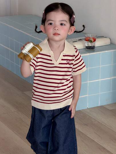 DAZY 女童V领条纹休闲韩版短袖上衣，夏季