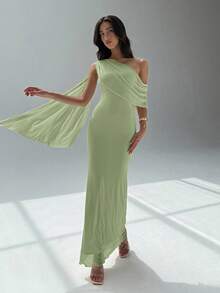 Aloruh Vestido asimétrico de hombro minimalista de unicolor para mujer - Verde - Ver 4