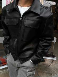 DAZY Chaqueta corta de piel sintética negra sólida para hombre, primavera/otoño - Negro - Ver 1