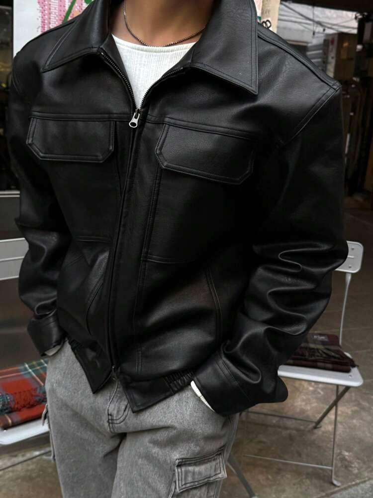 Men's Solid Black Short PU Leather Jacket, Spring/Autumn