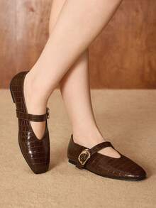 MOTF PREMIUM WOMEN'S CASUAL CROCODILE PATTERN COMFORTABLE VERSATILE MARY JANE SQUARE TOE FLAT SHOES FOR CHRISTMAS SPRING SHOES - Coffee Brown - View 9