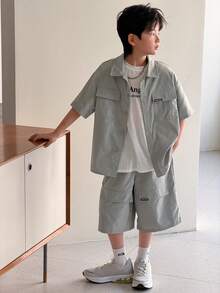 2件套儿童/青少年男童休闲韩版工装领短袖衬衫和纯色短裤套装，适合上学、花园、海滩、生日、春夏穿着。 - 綠色 - 查看 6