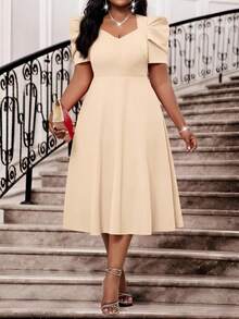 SHEIN Lady Vestidos de manga corta midi con mangas abullonadas y pierna acampanada, de punto rojo, elegantes para oficina, fiesta, boda, cóctel, concierto/festival de música, talla grande, para cumpleaños, eventos, bodas, vacaciones, verano para mujeres - Caqui - Ver 1