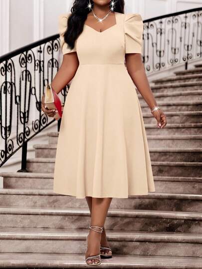 SHEIN Lady 春夏优雅通勤/办公室/派对/婚礼/鸡尾酒会/音乐会/音乐节红色针织甜心领喇叭袖羊腿袖中长短袖大码连衣裙/生日/活动礼服/婚纱/节日礼服/夏季女装/夏季连衣裙/婚礼宾客礼服/女士生日装/生日派对服装/女士节日服装/女士音乐会服装/女士邮轮服装