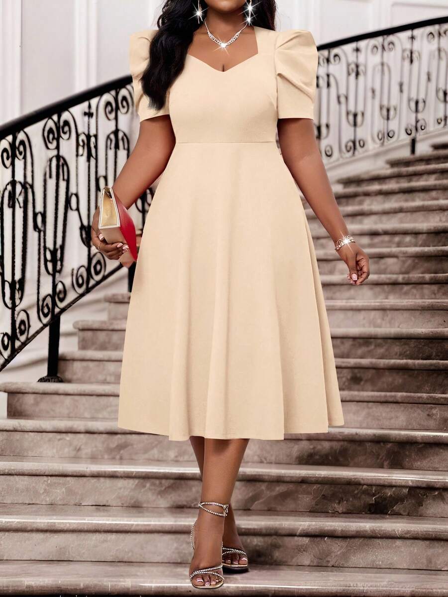 SHEIN Lady Vestidos de manga corta midi con mangas abullonadas y pierna acampanada, de punto rojo, elegantes para oficina, fiesta, boda, cóctel, concierto/festival de música, talla grande, para cumpleaños, eventos, bodas, vacaciones, verano para mujeres - Caqui - Ver 1