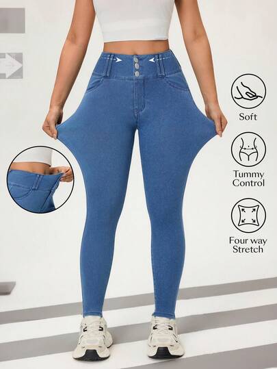 Flexra Women's Solid Color High Waist Slim Fit Stretchy Jeans