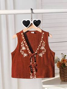 SHEIN Young Girl Burgundy Brown Fashion Bow Tie Collar Floral Embroidered Elegant Tank Top - Rust Brown - View 4