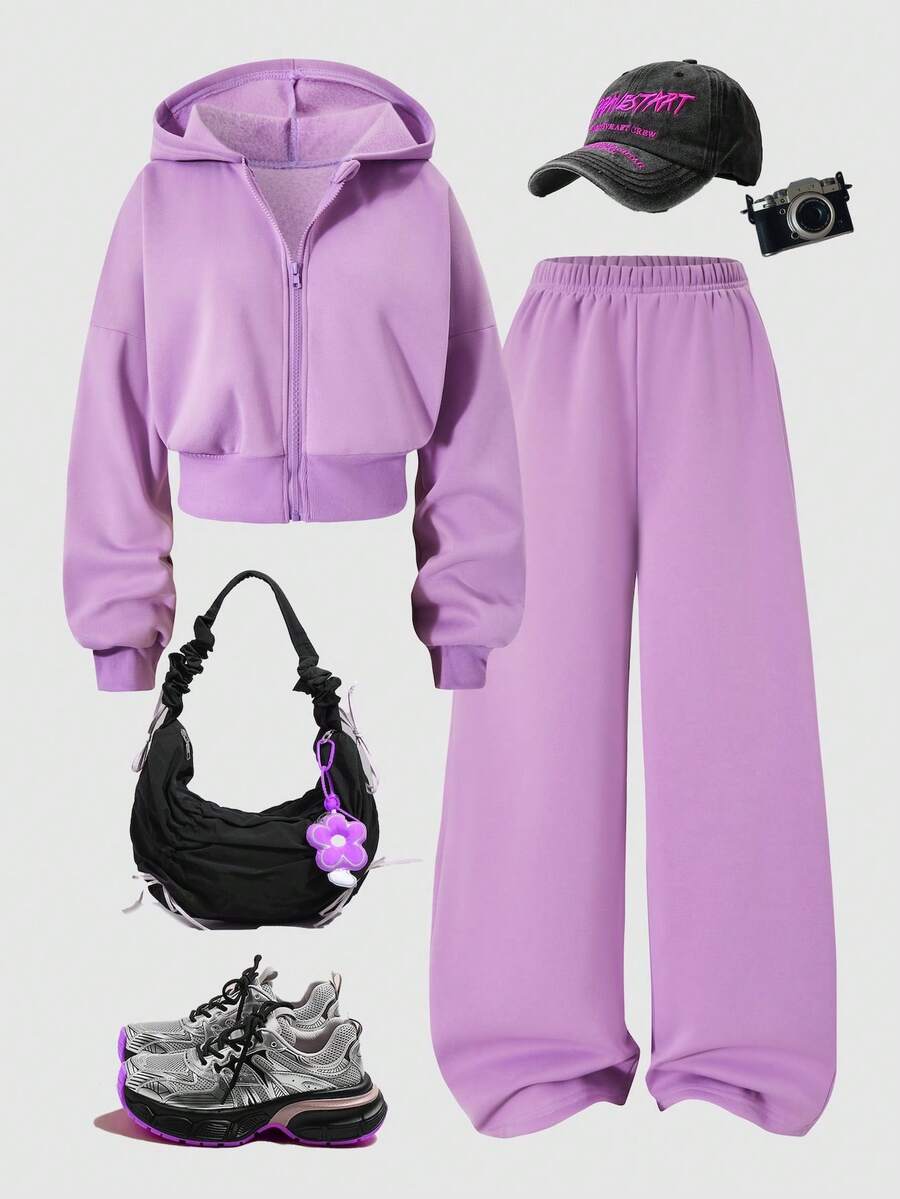 Sparklyn 2pcs/Set Teenage Girls' Floral Gray Hooded Zip-Up Cardigan With Loose Dropped Shoulder And Ribbed Waist, Paired With Matching Loose Fit Relaxed Pants, Casual Sports College Style Outfit, Suitable For Outdoor, Indoor, Sports, Party, School, Spring/Autumn/Winter Girl Y2k Outfit Purple Outfits Teen Teen Y2k Outfit - Purple - View 1