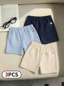 SHEIN Playful Pals 3pcs/Set Baby Boys' Casual Khaki Striped Shorts Set, Summer, Black & White Stripe, Solid Color Shorts, Summer Essentials For Daily Wear, Vacation & Outings, Baby Clothes Baby Boys Outfit,Baby Summer Shorts Baby Boy Shorts Pack 3 Piece Baby Boy Shorts Toddler Striped Shorts Boys Checkered Shorts Baby Boy Striped Shorts Toddler Striped Shorts Baby Boy Plain Shorts - Multicolor - View 2