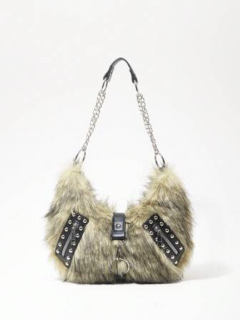 Grunge Punk Damen Umhängetasche, Hobo Tasche, Kunstfell, Plüsch, Nieten, modisch, personalisiert, vielseitig, Straße, süß und cool Mädchen, heiße Mädchen, Punk, Y2K, Alltag, Herbst und Winter (zufälliges Muster)