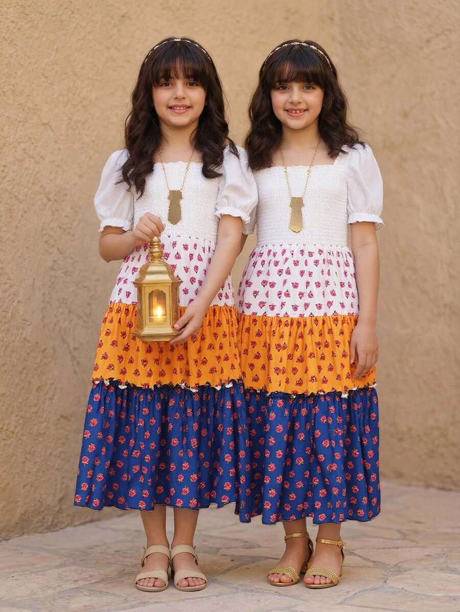 SHEIN Tween Girl Casual Colorful Rose Patchwork Puff Sleeve Dress, Matching Mother-Daughter Set, Suitable For Spring And Summer, Perfect For Vacations - Blue - View 1