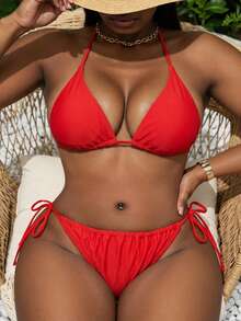 Slaydiva 2025 大码女式夏季沙滩纯色挂脖系带性感比基尼泳衣套装 - 紅色 - 查看 1