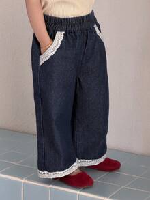 DAZY Toddler Girls' Lace Patchwork Loose Casual Wide Leg Washed Denim - Dark Wash - View 5