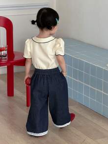 DAZY Toddler Girls' Lace Patchwork Loose Casual Wide Leg Washed Denim - Dark Wash - View 7