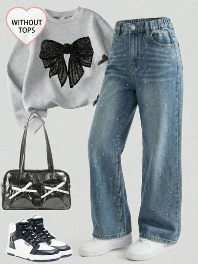 Jeans casuales con decoración de rhinestones para niñas preadolescentes