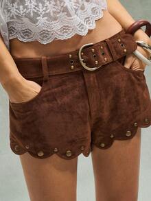 Bohemela BOHO Casual Woven Tight Brown Wavy Hem Studded Women's Shorts