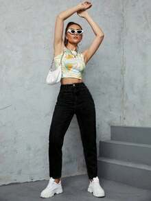 SHEIN ICON 休闲纯色牛仔妈妈牛仔裤