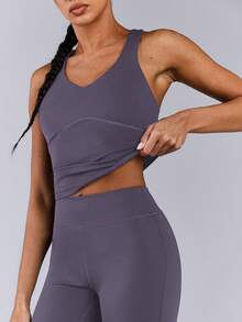 Athîral Women Solid Color Camisole And Leggings Seamless Sports Set - Blue - View 3