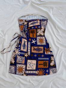 Soleia 大码棕榈树图案镂空抽绳腰部贴身连衣裙，度假风格，适合春夏季假期、约会、情人节下午茶 - 彩色 - 查看 2