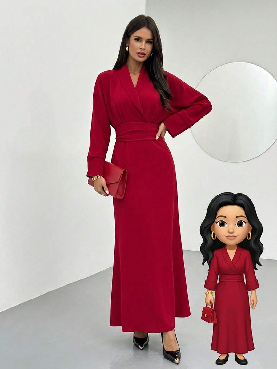 Firerie Women's New Satin Solid Color Ruffle Collar Cinched Waist Fishtail Hem Maxi Dress, V-Neck Business Dress, Puff Sleeve Dress, Blazer Style Dress, Fishtail Hem Dress, Spring Summer Autumn Winter Clothing, Elegant, Commute, Date, Party, Wedding Season, Graduation, Prom, Performance, Concert, Work Attire, Back To School, Annual Party, Women's Birthday, Holiday Outfit