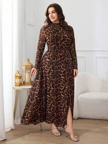 Modelyn 2025秋冬大码女装优雅荷叶边圆领长袖豹纹网纱连衣裙，适合通勤、家庭聚会等场合 - 棕色 - 查看 6