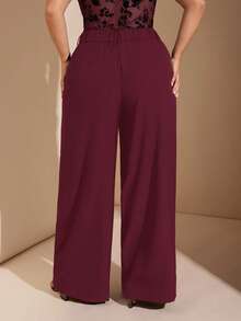 SHEIN BAE 大码女装秋冬时尚大码女装优雅约会女士纯色简约休闲日常长裤黑色西裤女裤教师裤商务女装秋季女装双层腰带设计阔腿 - 酒紅色 - 查看 3