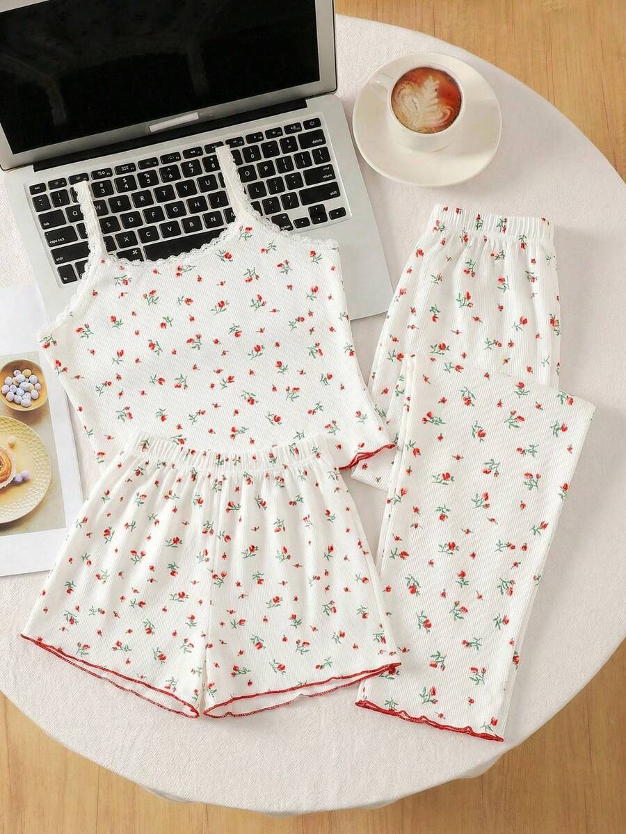 SHEIN 3pcs Tween Girls Casual Knit Loungewear Set - Ditsy Floral Camisole, Long Pants, And Shorts - White - View 1