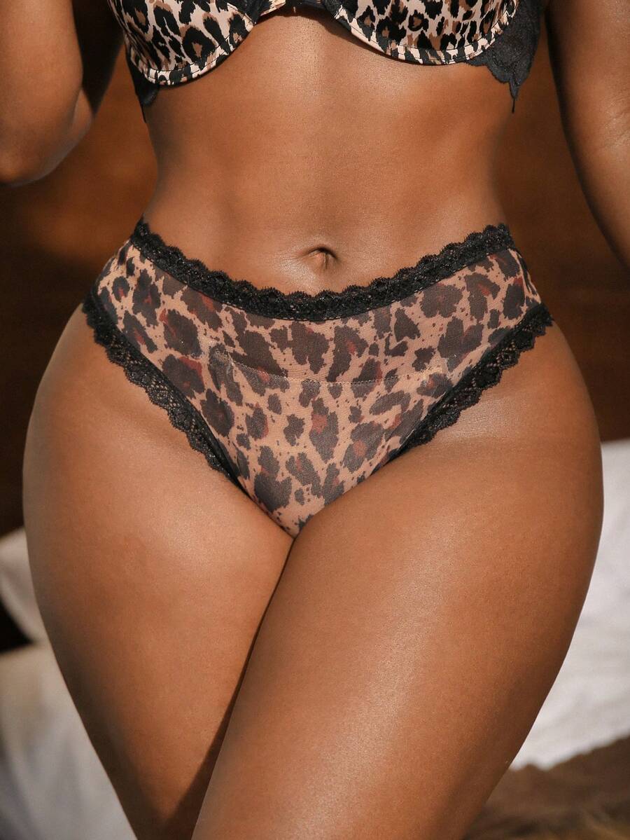 女士性感蕾丝拼接豹纹薄纱内裤 - 彩色 - 查看 1