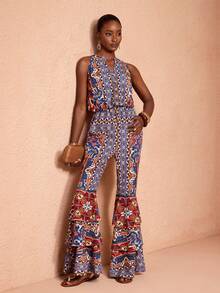 JIAN LASALA All-Over Print Button Front Sleeves Elastic Waist Layered Ruffled Long Jumpsuit Women Casual - Multicolor - View 6