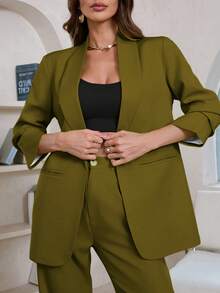 Aveloria Modichic 女士纯色披肩领长袖休闲西装外套 - 綠色 - 查看 3