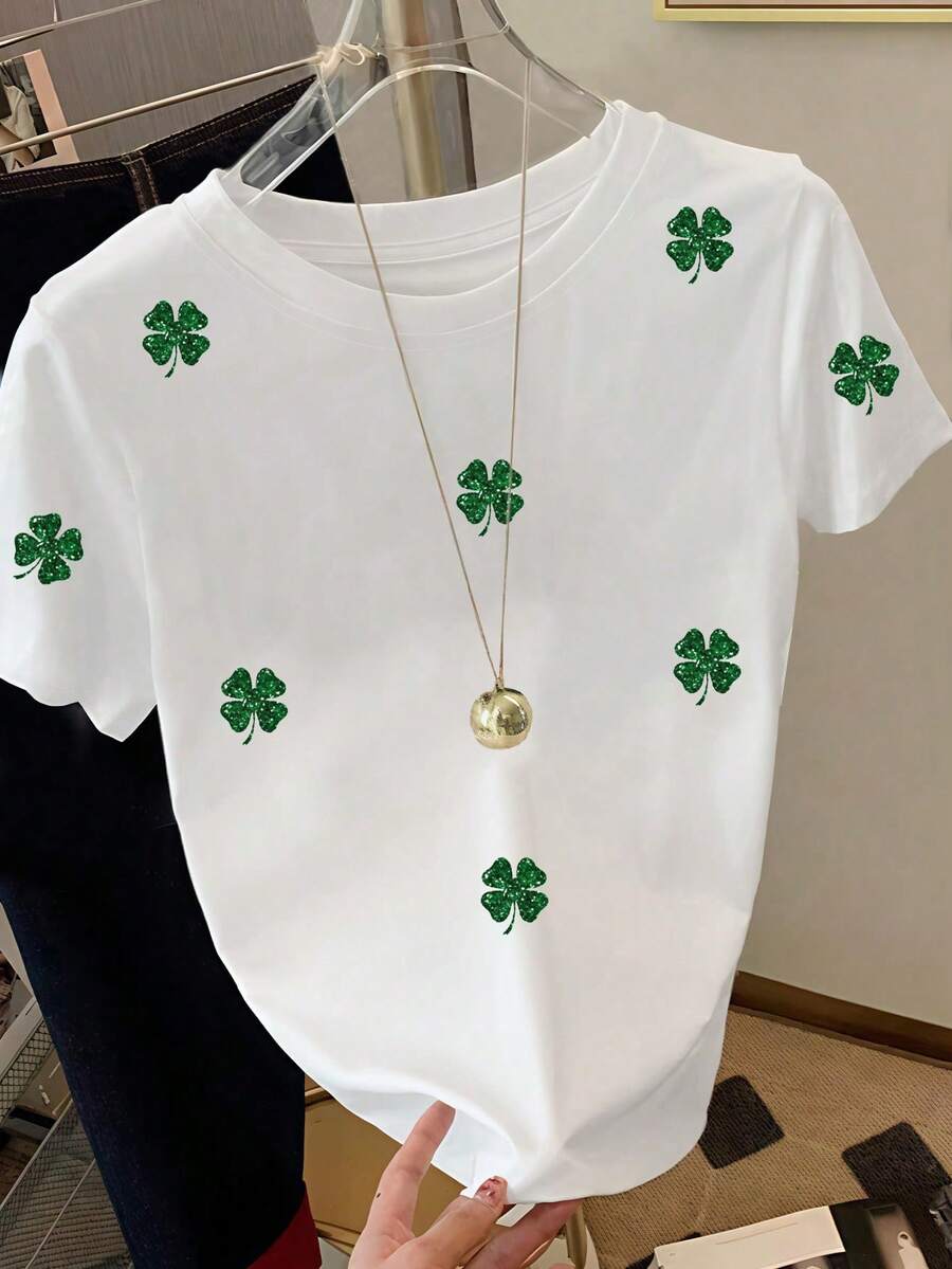Resyla 简约绿色四叶草印花女式T恤，完美适用于圣帕特里克节、日常通勤、节日礼物、时尚单品、潮流T恤、吸睛上衣、送给兄弟姐妹的礼物、送给姐妹的礼物、送给妈妈的礼物、母亲节礼物，休闲又不失时尚感。 - 白色 - 查看 1