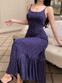 DAZY Đầm maxi dáng suông họa tiết hoa nhí phong cách nghỉ dưỡng dành cho nữ - Màu xanh lam - Xem 3