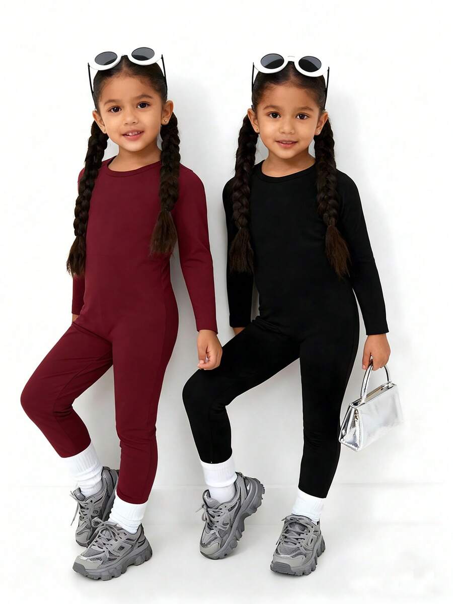 2pcs Jumpsuit Anak Perempuan Musim Gugur/Dingin, Pas Badan, Hangat, Warna Polos, Bahan Lembut untuk Kenyamanan Saat Dipakai, Warna Polos, Cocok untuk di Rumah, Musim Semi/Musim Gugur/Musim Dingin - MultiWarna - View 1
