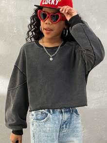 Coolane Tween Girl Dark Grey Autumn Streetwear School Fall/Winter,Casual Solid Color Round Neck Loose Boxy Cropped Washed Sweatshirt,Christmas,Thanksgiving - Dark Grey - View 2