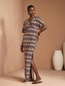 JIAN LASALA All-Over Print Jersey Knit V Neck Batwing Sleeve Ruched Side Slit Women Maxi Dress - Multicolor - View 4