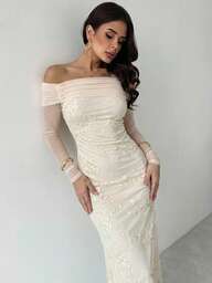 Firerie Elegantes, exquisites, romantisches, würdevolles Damen Langarm Bodycon Kleid mit besticktem Mesh und asymmetrischer Schulter, geeignet für Dates, Bälle, Partys, Silvester Feiertage, Mode