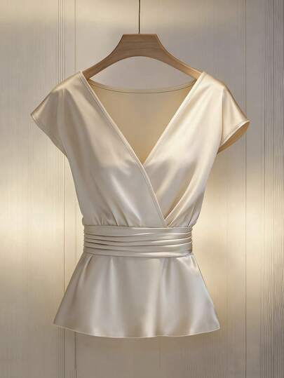 Franclia Women's Fashionable Elegant Deep V-Neck Cinched Waist Blouse Ivory Satin Top Women Elegant Top V-Neck Top Peplum Top Wrap Top Ivory Top White Satin Top Women Tops Elegant White Elegant Top Dress Top Elegant White Top