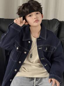 DAZY 青少年男童休闲时尚街头通勤翻盖口袋撞色缝线落肩宽松牛仔夹克，春秋季