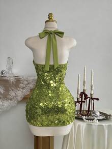 Elamini Women's Sexy Beaded Lace-Up Mini Party Dress, Autumn/Winter