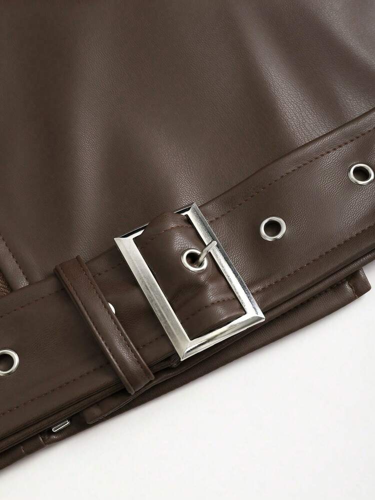 Sweetra Design De Moda Pu Jaqueta De Motocicleta Cortada - Castanho Café - Ver 3