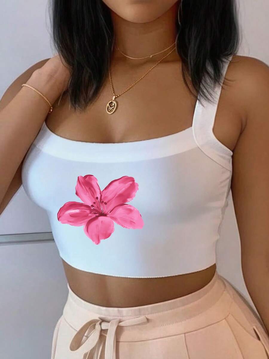 Slaydiva Camiseta de tirantes corta con estampado floral, adecuada para el verano - Blanco - Ver 1