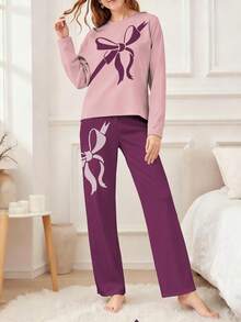 2件套少女休闲针织弹力蝴蝶印花长袖上衣和裤子家居服，薰衣草色 - 淡紫色 - 查看 3