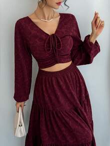 DAZY Women's Cashew Pattern Front Drawstring Lantern Sleeve Cropped Top And Skirt 2 Pieces Set Valentine's Day - Pink - View 6