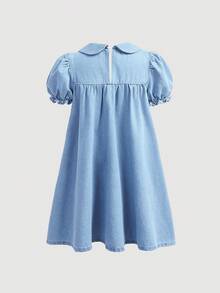 SHEIN 女童蓝色花卉刺绣牛仔泡泡袖宽松连衣裙 - 淺色水洗藍 - 查看 3