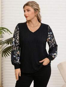 Rosumi Plus Size V-Neck Floral Print Ribbed Casual Long Sleeve T-Shirt Winter Tops For Women Fall Tops Women Lantern Sleeve Blouse Black Top Women Blouses Full Sleeve Tops Tops For Women Elegant Jumper For Woman Plus Size Solid Color Ribbed Knit T Shirt New Year Christmas For Women