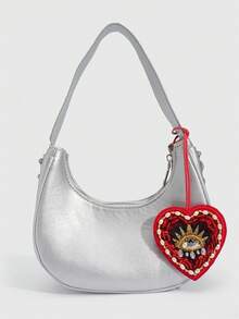 ROMWE 1pc Gothic Style Red Studded Devil's Eye Heart Pendant, Handmade Fabric Patch Bag Charm Hanging Accessory, Halloween,Valentine's Day - Red - View 3