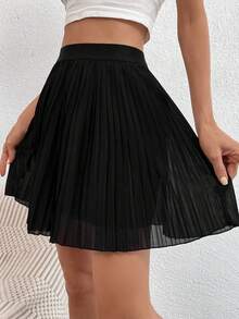 Serisse Solid High Waisted Pleated Skirt Winter Black Casual Spring - Black - View 2