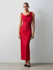 Maija 女士纯色垂褶修身优雅无袖连衣裙 - 紅色 - 查看 3